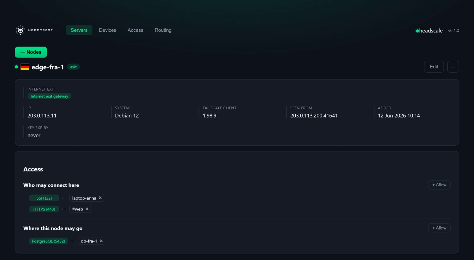 Server detail page