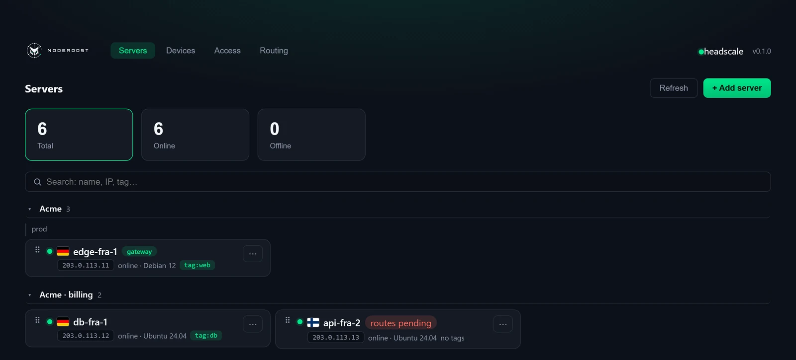 Servers and devices in NodeRoost